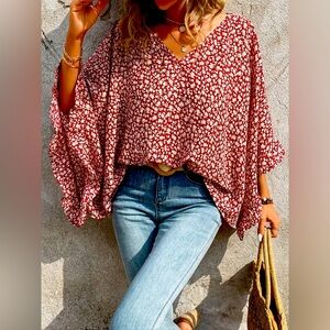 New Floral Print Batwing Sleeve Blouse-Large